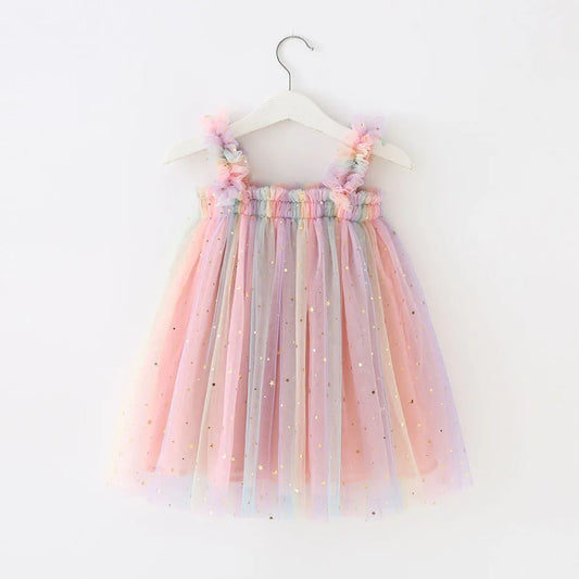 1-8 Years Old Starry Sequin Rainbow Dress for Girls New Style Tulle Puffy Skirt with Strap Princess Dress Girls Casual Dresses