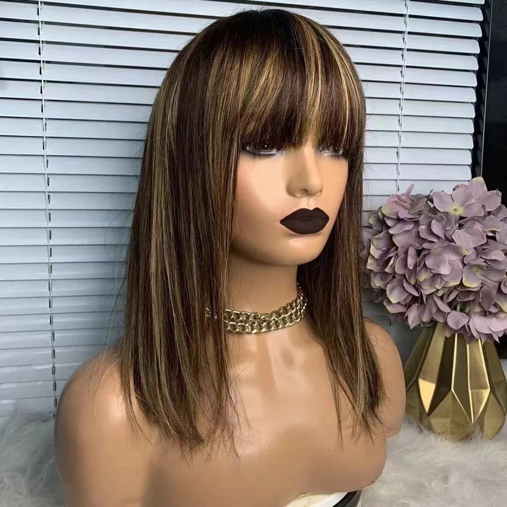 100% Human Hair Wig With Bangs Brazilian Straight Bangs Bob Wigs Full Machine Made Wig For Women Short Bob Wigs