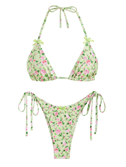 ZAFUL Women's Bow Decor Tiny Floral Halter Tanga Tie Side String Triangle Two Piece Swimwear Bikini Set