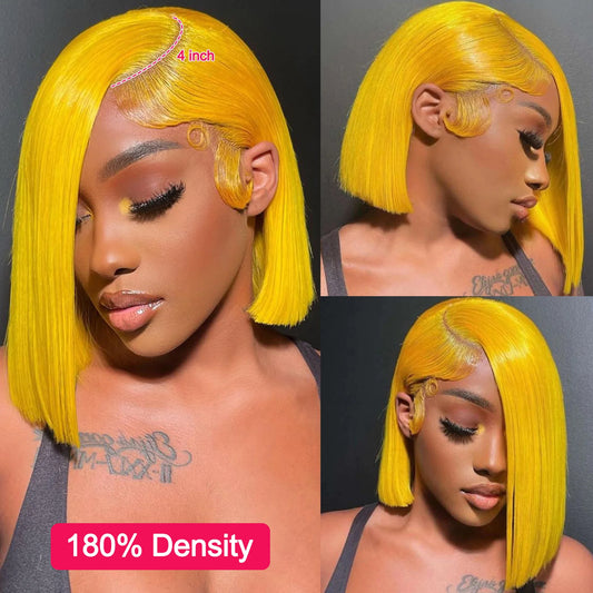 Yellow Bob Wig Human Hair 13x4 Transparent Lace Front Human Hair Wigs 180% Density Brazilian Remy Human Hair Short Lace Bob Wig