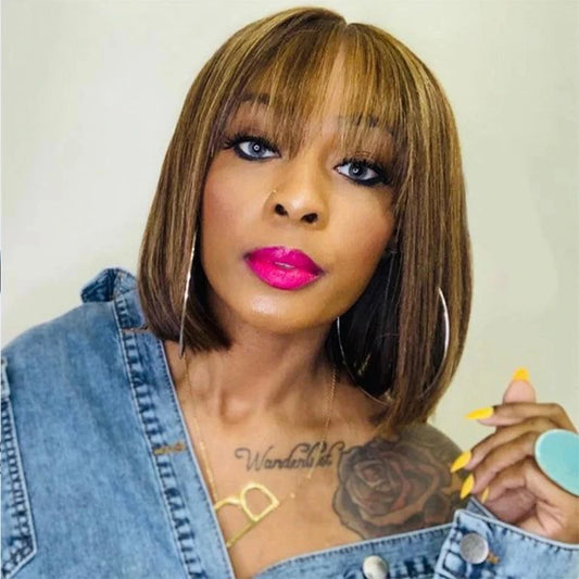 100% Human Hair Wig With Bangs Brazilian Straight Bangs Bob Wigs Full Machine Made Wig For Women Short Bob Wigs