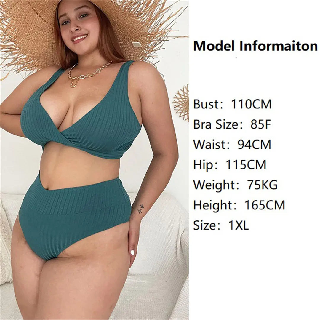 0XL - 4XL Ribbed Bikini Large Size Swimwear Plus Size Women Swimsuit Female Two-pieces Bikini set Bather Bathing Suit Swim V4982