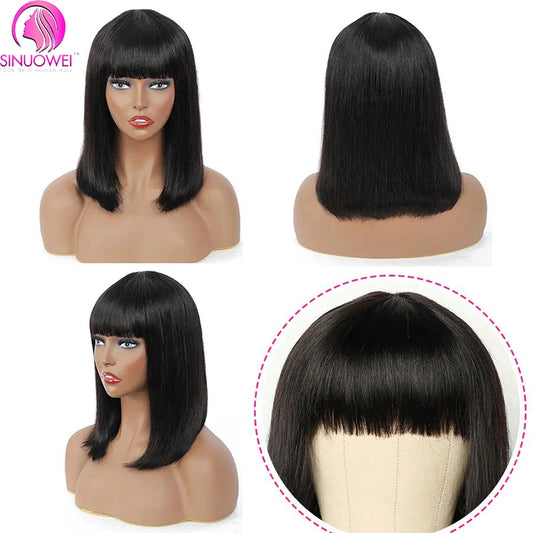 Short Straight Bob Wig With Bangs Brazilian Human Hair Bob Wigs Remy Full Machine Made Wig for Women Non Lace Glueless Bob Wig
