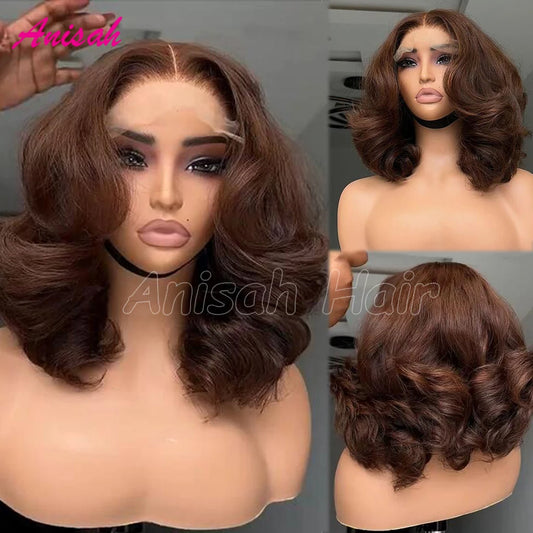 250 Density Double Drawn Vietnamese Raw Human Hair Wigs for Women Full Bouncy Body Wave Brown Color Glueless Lace Frontal Wig