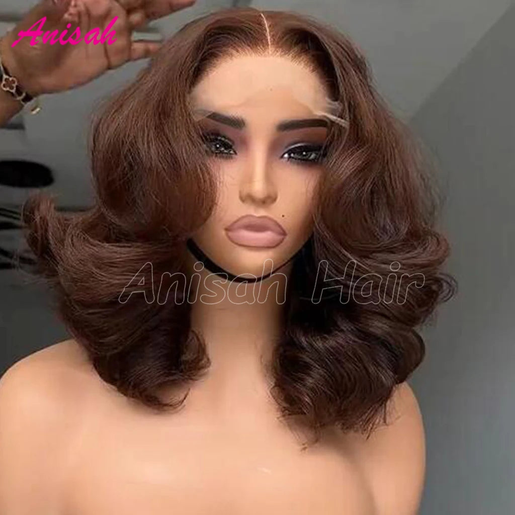 250 Density Double Drawn Vietnamese Raw Human Hair Wigs for Women Full Bouncy Body Wave Brown Color Glueless Lace Frontal Wig
