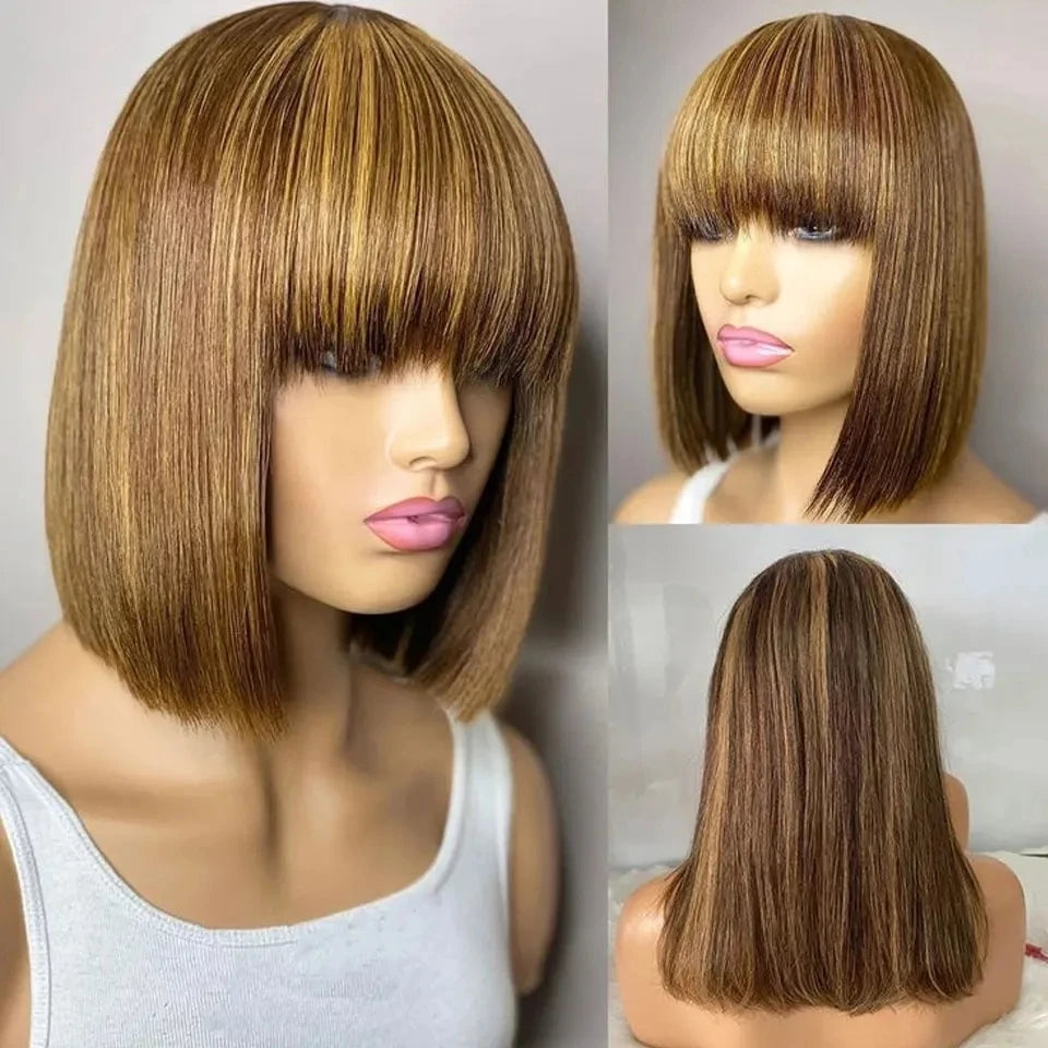 100% Human Hair Wig With Bangs Brazilian Straight Bangs Bob Wigs Full Machine Made Wig For Women Short Bob Wigs