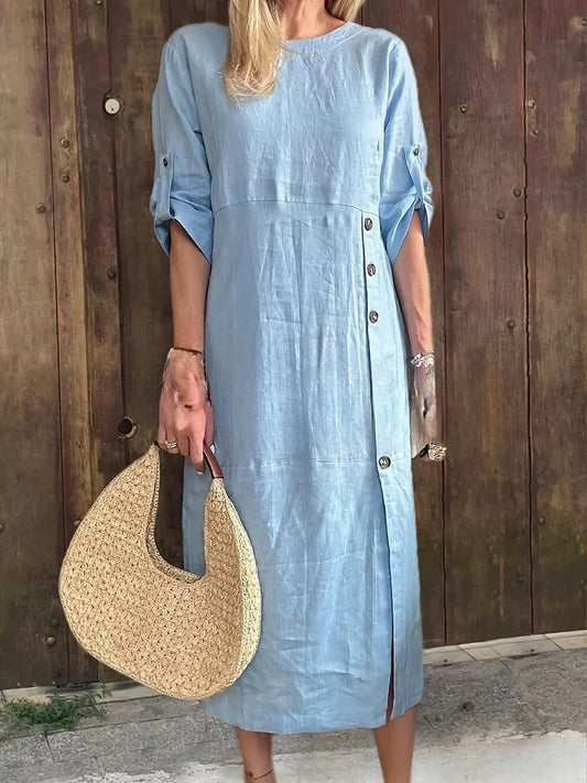Round Neck Short Sleeve Button Split Mid-length Casual Dress
