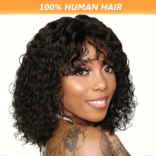 100% Human Hair Bouncy Curly Wave Bob Wig with Bangs - 150% Density, Full Machine Crafted, Natural Black, Comfortable Fit (8-16 Inches) - Effortlessly Stylish & Breathable Hairpiece for Daily Glam