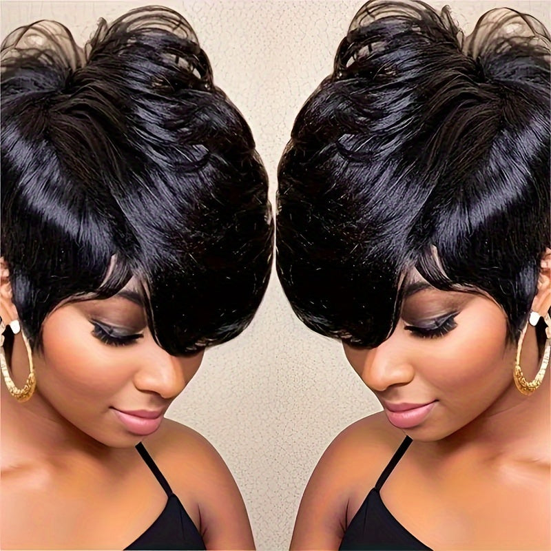 [Natural Black Daily Party Wig] Women's Short Pixie Cut Wig, 6inch Straight Human Hair, Glueless Rose Cap, 180 Density, Natural Black, Daily & Party Use, Unisex, All Ethnicities