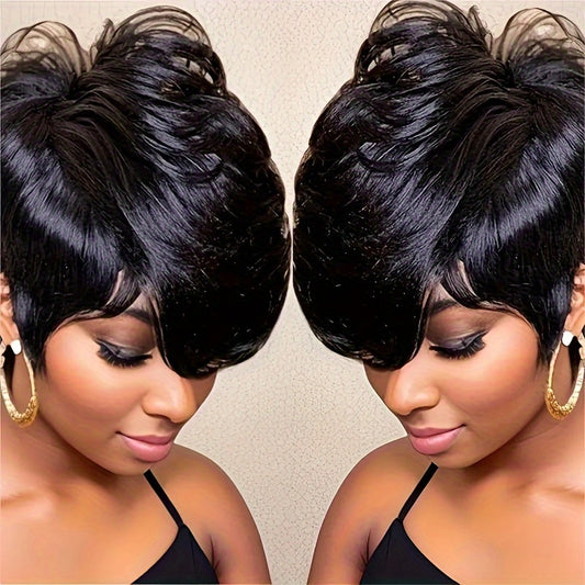 [Natural Black Daily Party Wig] Women's Short Pixie Cut Wig, 6inch Straight Human Hair, Glueless Rose Cap, 180 Density, Natural Black, Daily & Party Use, Unisex, All Ethnicities