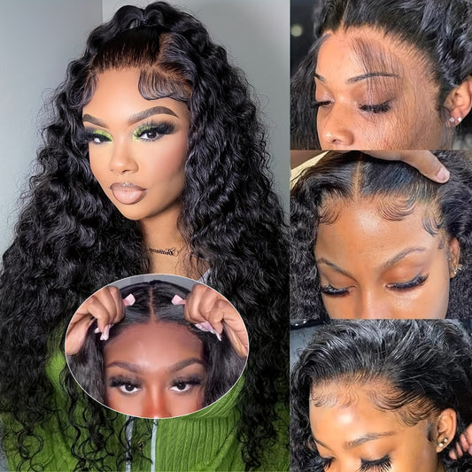 [13x6 Water Wave Wig] 200% Density Glueless Human Hair 13x6 Water Wave Wig - Pre-Plucked & Pre-Cut HD Lace Frontal, Deep Curly Wigs for Women, Easy to Wear for Beginners, Natural Look for Black Individuals, Wig Accessories