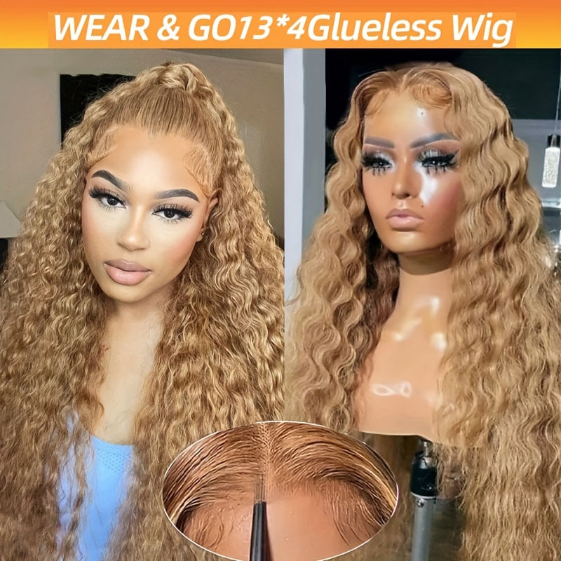 #27 Colored Deep Wave Human Hair Wigs Wear And Go Pre Cut Pre Plucked Glueless Wig Honey Blond Lace Front Wigs