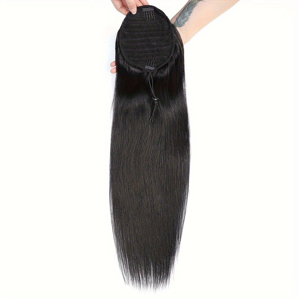 100% Human Hair Remy Straight Ponytail - Brazilian Drawstring Pony Tail Extensions 12-24 Inches Natural Hair