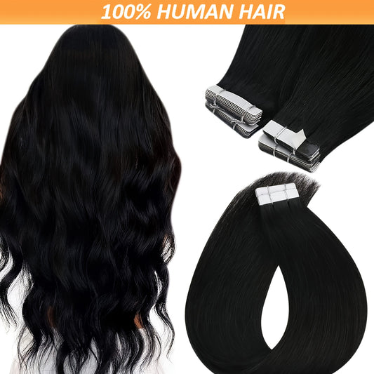 [Real Human Hair Extensions] 20pcs Real Human Hair Extensions - Natural Black Tape in Hair #1B - 16-26 Inches