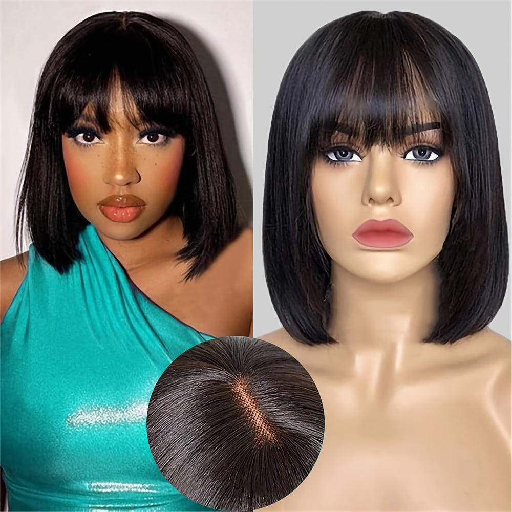 [180% Density HD Lace Bob] Straight Natural Scalp Raw Human Hair Glueless HD 2x1 Lace Bob With Bang Glueless Wigs 180% Density HD Lace Bob With Bang Natural Color