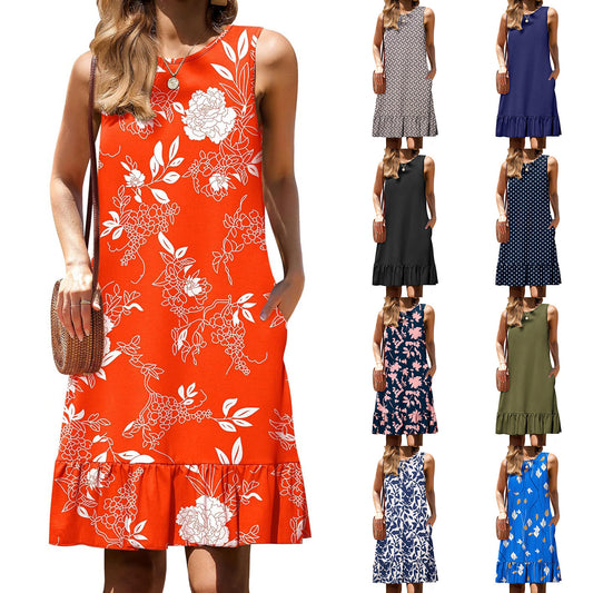 Women's Multicolor Floral Print Round Neck Pocket Vest Dress