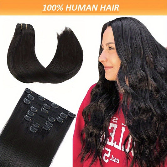 [Remy Human Hair Clip Ins] 8pcs Remy Human Hair Extensions Clip Ins - Straight Double Weft Invisible Seamless Clip On Hair Extensions 12-24 Inch 120g 1B Natural Black