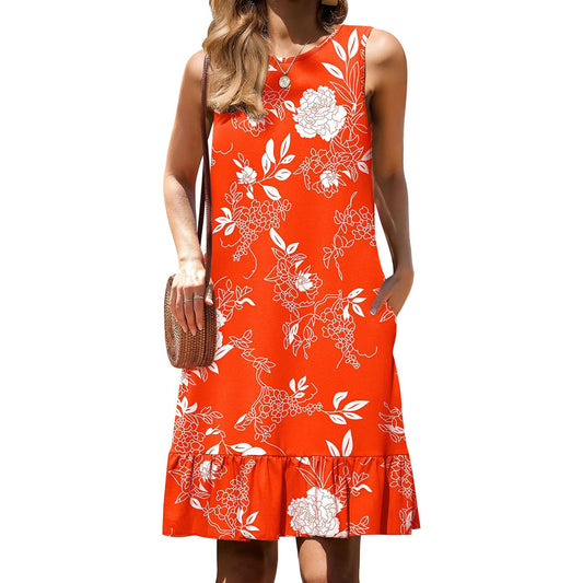 Women's Multicolor Floral Print Round Neck Pocket Vest Dress