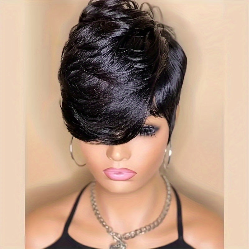 [Natural Black Daily Party Wig] Women's Short Pixie Cut Wig, 6inch Straight Human Hair, Glueless Rose Cap, 180 Density, Natural Black, Daily & Party Use, Unisex, All Ethnicities