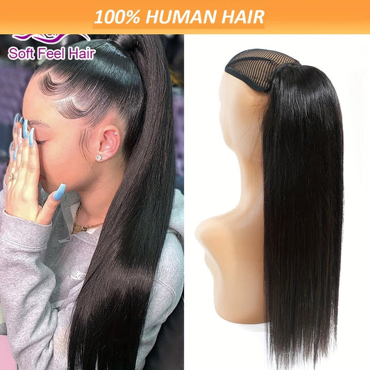 100% Human Hair Remy Straight Ponytail - Brazilian Drawstring Pony Tail Extensions 12-24 Inches Natural Hair