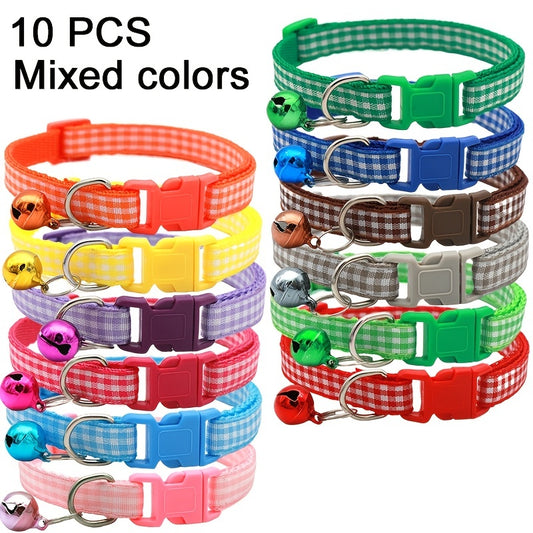 10pcs Adjustable Pet Collars With Bell & Safety Buckle - Perfect For Dogs & Cats!