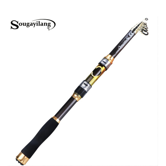 [Quality Construction] Sougayilang Ultralight Carbon Fiber Spinning Fishing Rod - Portable, Medium Action, 6.72-9.84ft Extendable Length, Black & Golden with Comfort Grip Handle - Ideal for All Anglers