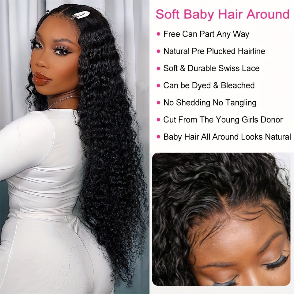 [HD Transparent] Brazilian Deep Wave Lace Front Wig | 4x4 Closure | 100% Human Hair | Pre Plucked | Natural Black Color | 180% Deep Curly
