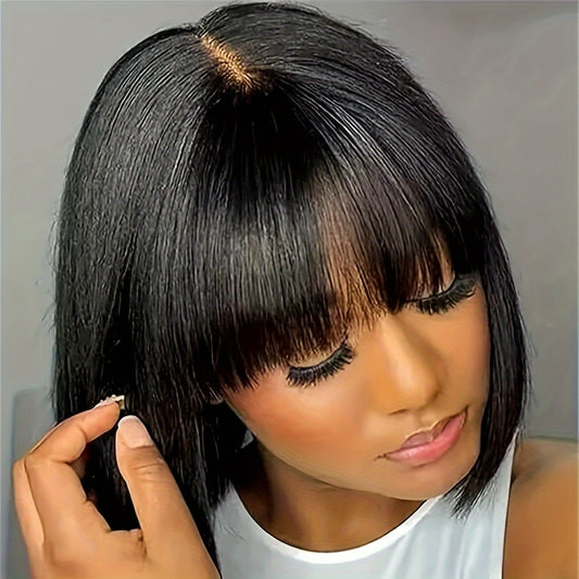 [Raw Human Hair Wig] 150% Density Raw Human Hair HD Lace Bob Wig with Bangs | Glueless 2x1 HD Lace Front, Vacation Style for Women of All Ethnicities, Everyday Chic Look | Sleek Bob Cut, Glueless Wig, Lace Front Wig